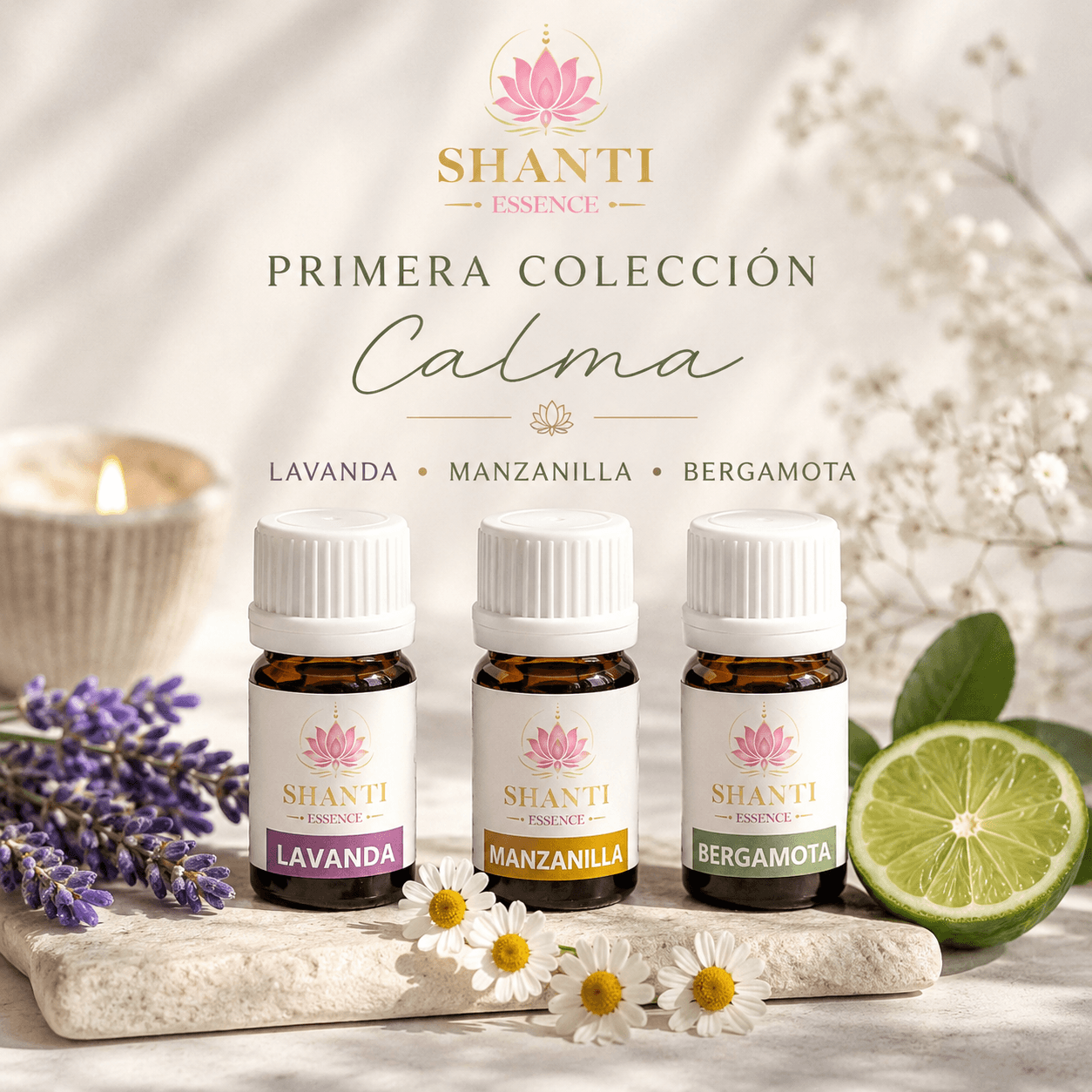 Colección Calma de Shanti Essence: aceites esenciales de lavanda, bergamota y manzanilla